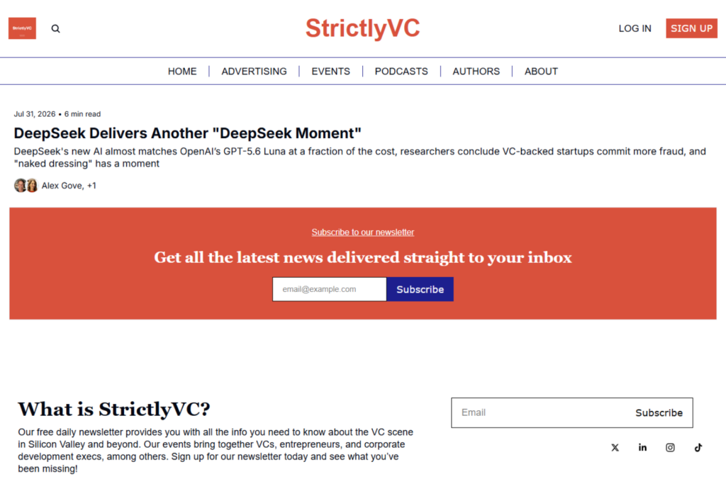 StrictlyVC-Startseite mit Nachrichten über Start-ups und einem Bereich zur Newsletter-Anmeldung