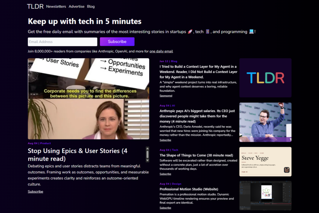 TLDR homepage featuring daily technology stories and newsletter signup