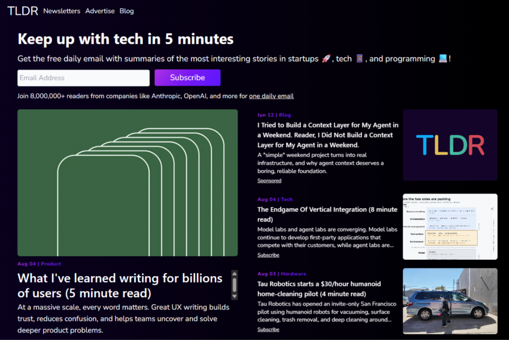 TLDR-Startseite mit Newsletter-Anmeldung und ausgewählten Artikeln zu Technologie-Nachrichten