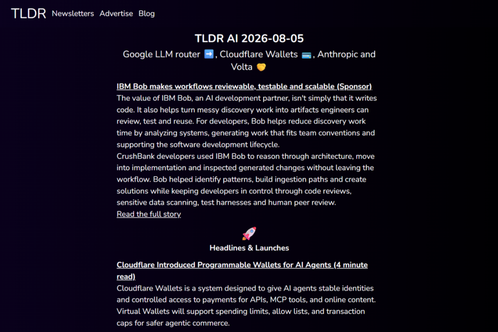 TLDR AI newsletter featuring AI headlines and summaries on a dark-themed page