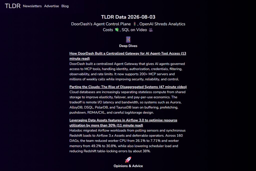 TLDR Data newsletter issue with featured technical articles
