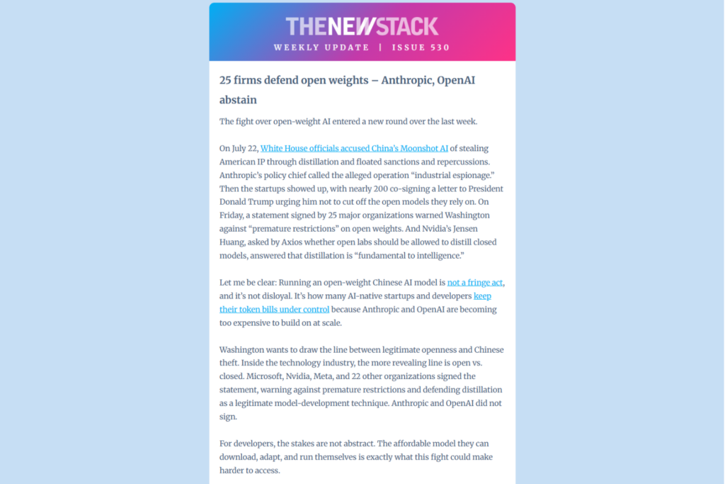 TNS weekly update featuring a lead story on open-weight AI developments