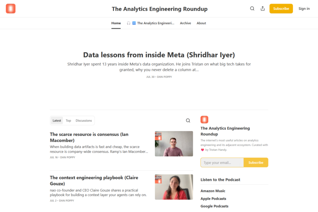 The Analytics Engineering Roundup homepage with featured articles and newsletter signup