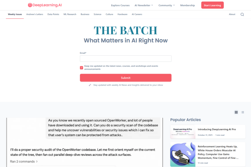 The Batch newsletter signup page from DeepLearning.AI with email subscription form