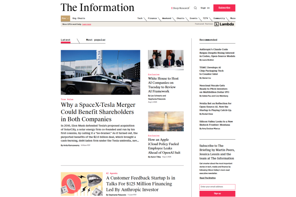 Startseite von The Information mit ausgewählten Technologienachrichten und exklusiver Berichterstattung