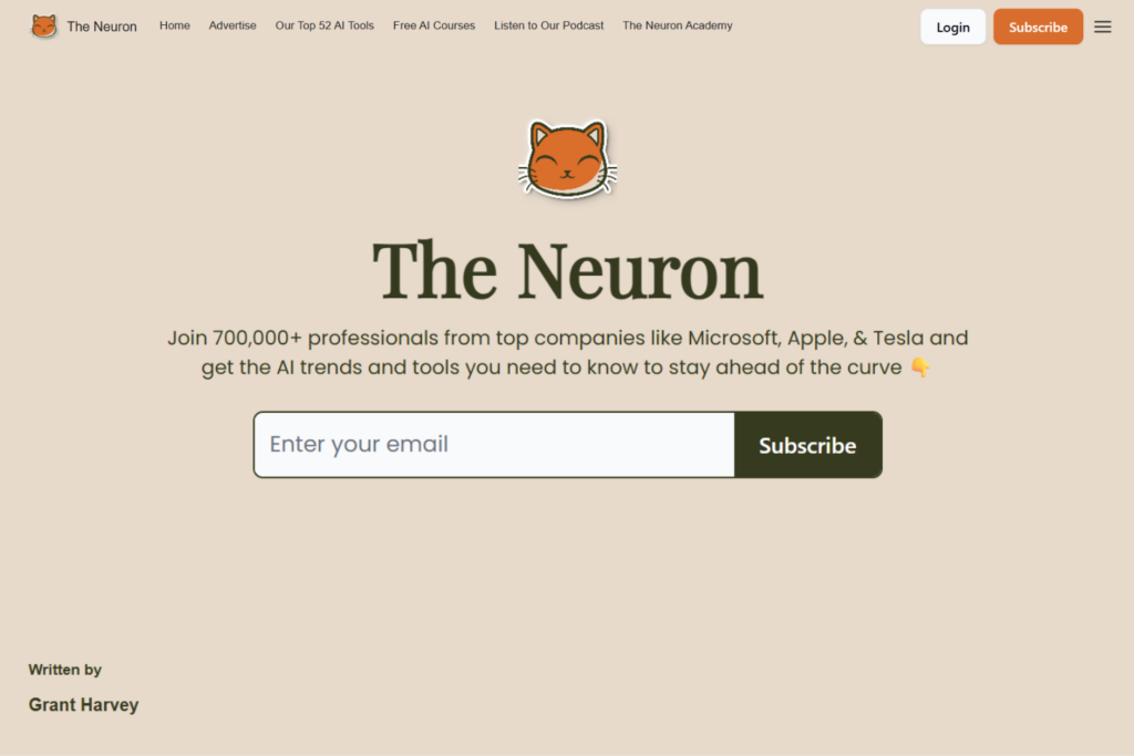 The-Neuron-Startseite mit KI-Newsletter-Anmeldung und Formular für den E-Mail-Abonnement