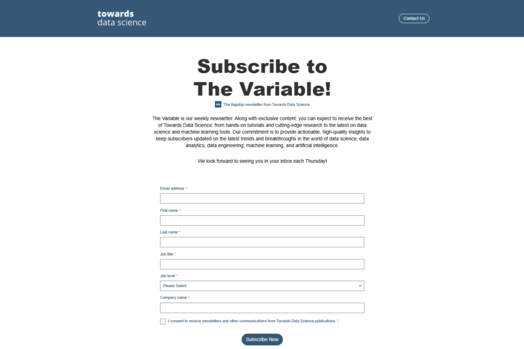 The Variable newsletter subscription page from TDS