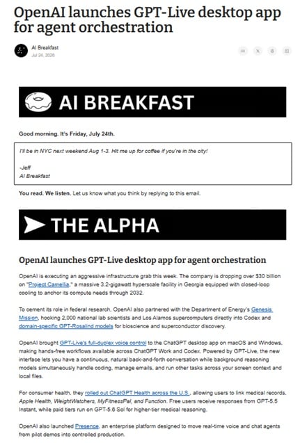 Screenshot of AI Breakfast's sample newsletter
