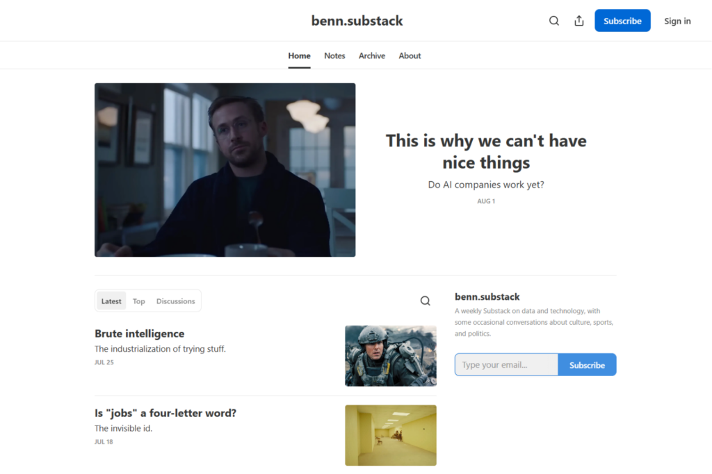 benn.substack homepage featuring recent technology and AI articles
