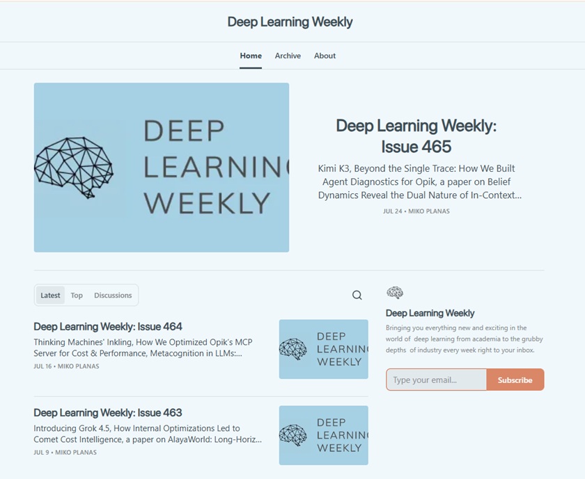 The homepage of Deep Learning Weekly's newsletter