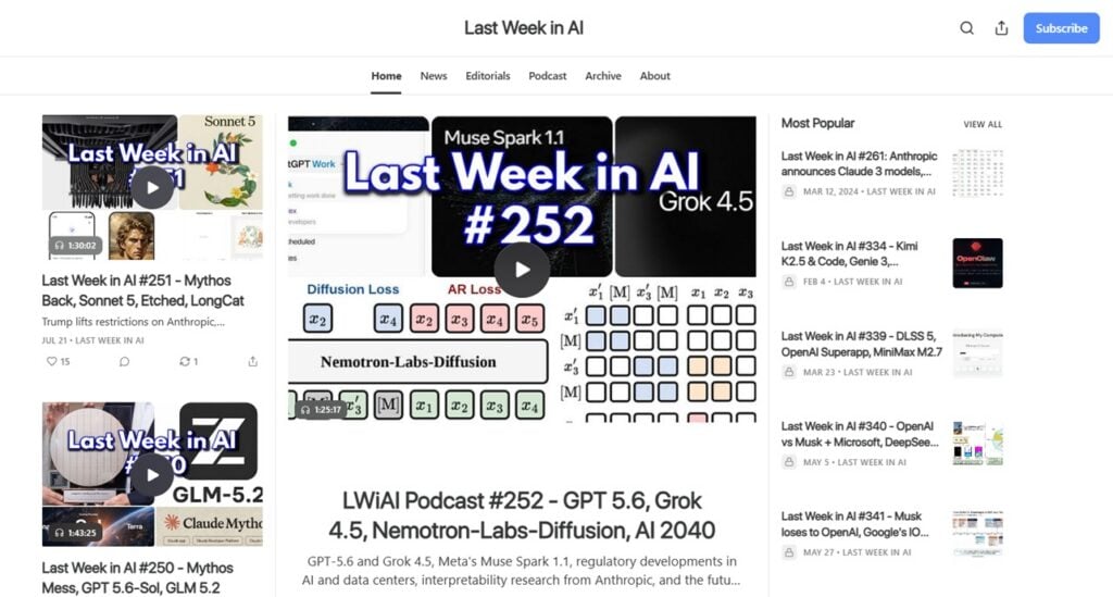 Screenshot of Last Week in AI's webpage