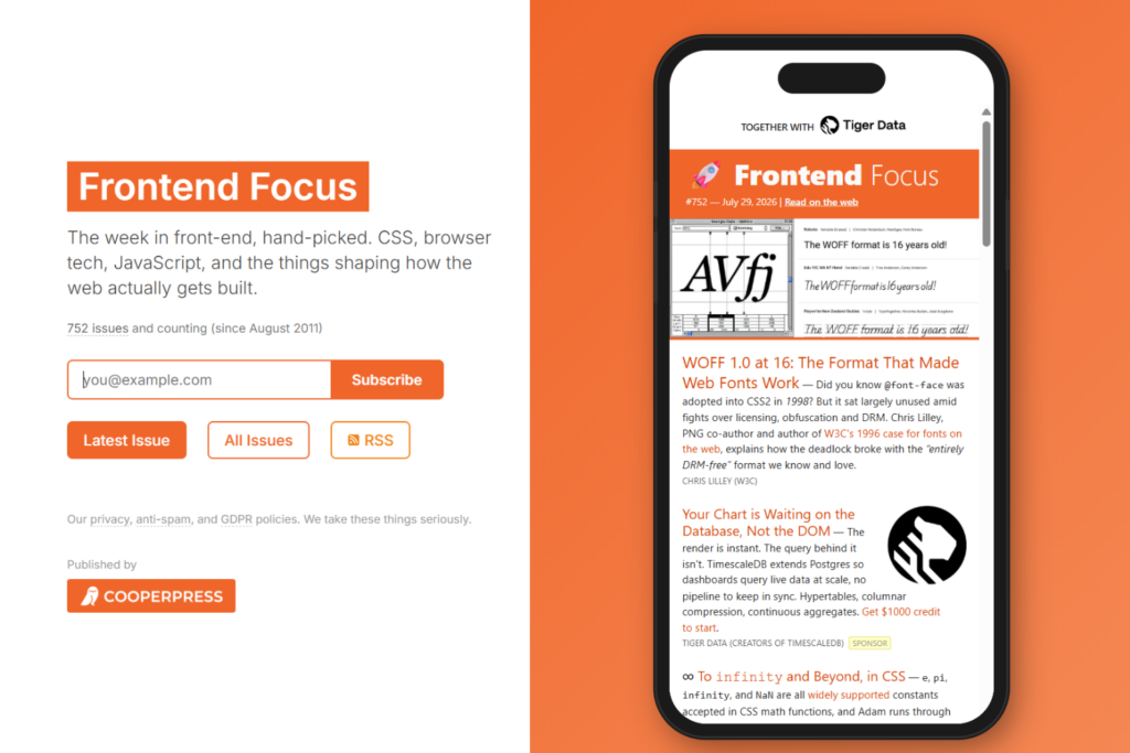 Startseite von Frontend Focus und Vorschau auf den Newsletter mit der aktuellen Ausgabe