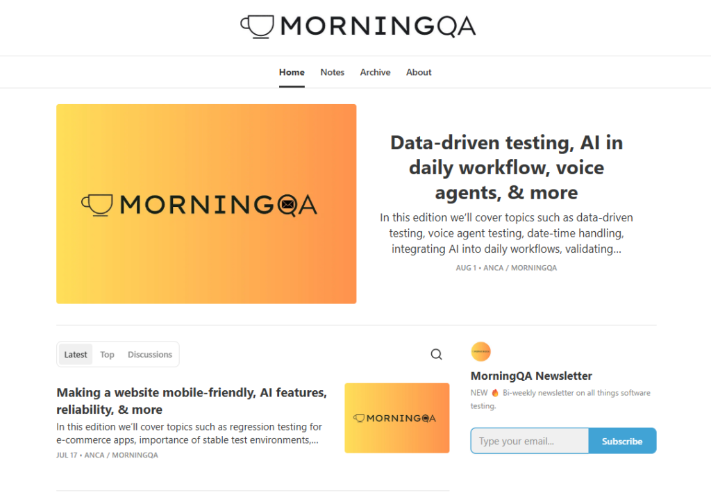 The home page of the MorningQA newsletter.