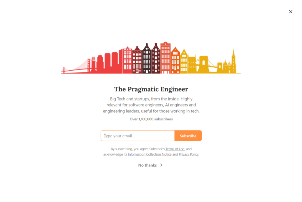 Anmeldeseite für den Newsletter The Pragmatic Engineer mit E-Mail-Registrierung