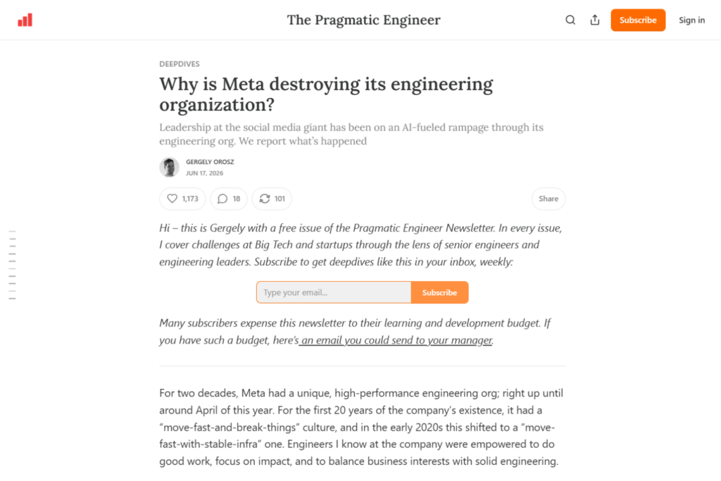 The Pragmatic Engineer newsletter article discussing changes to Meta's engineering organization