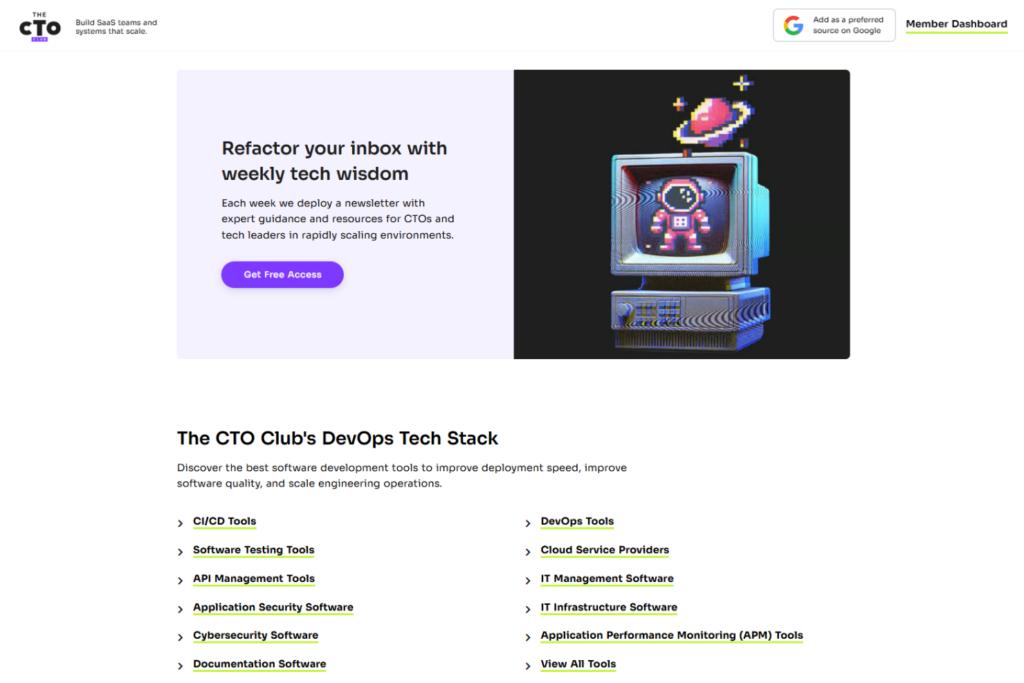 The CTO Club membership page promoting free access and weekly tech leadership insights