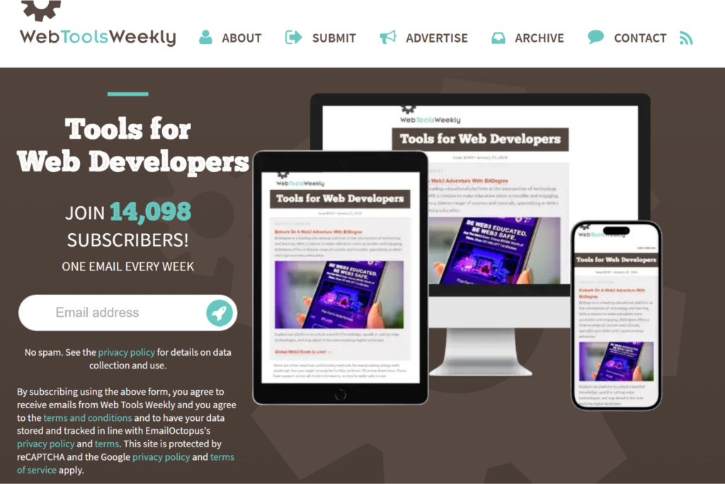 Web Tools Weekly homepage with signup form and newsletter preview