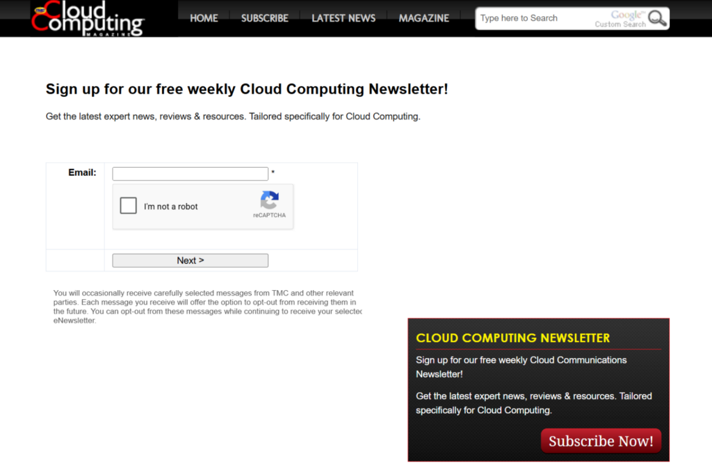 Aanmeldpagina van het Tijdschrift voor cloudcomputing met een e-mailabonnementsformulier