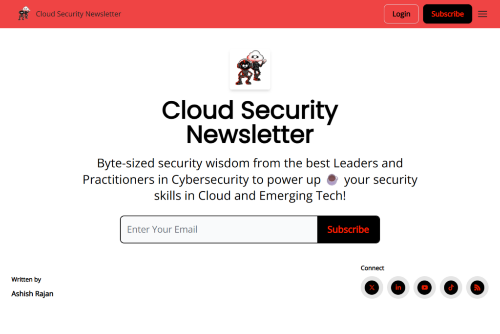 Startpagina van Cloud Security Newsletter met inschrijfformulier voor e-mail en cybersecurity-vormgeving