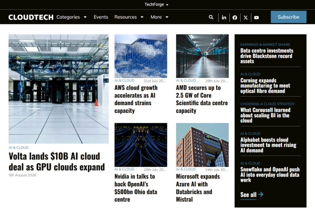 Homepage van Cloud Tech-nieuws met nieuws over cloudcomputing en koppen over AI-infrastructuur