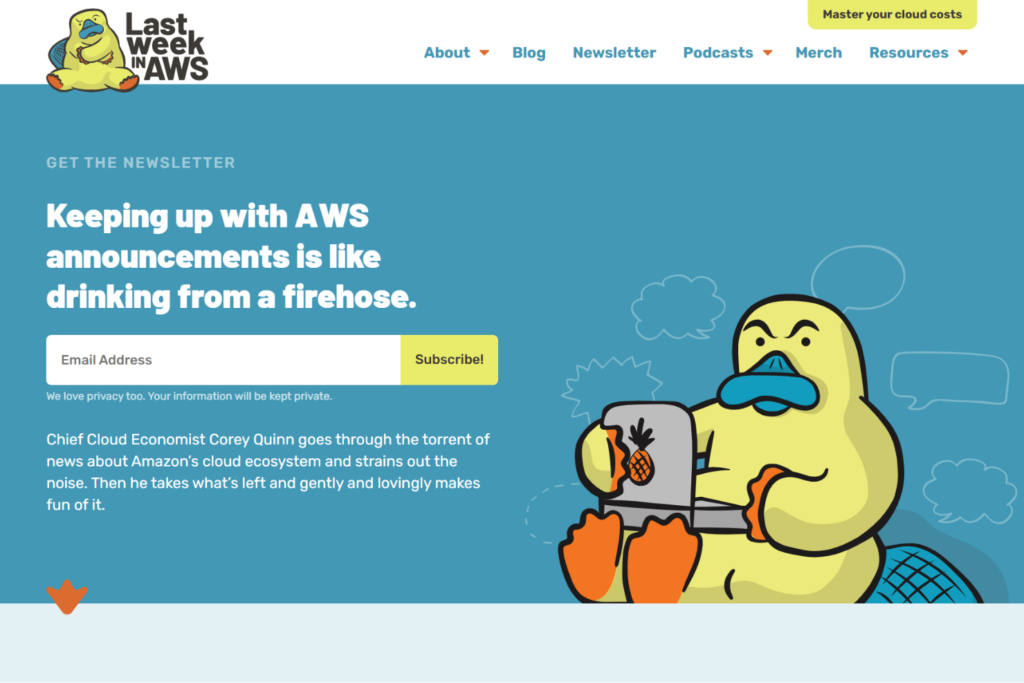 Aanmeldpagina van de Last Week in AWS-nieuwsbrief met een inschrijfformulier voor AWS-nieuws