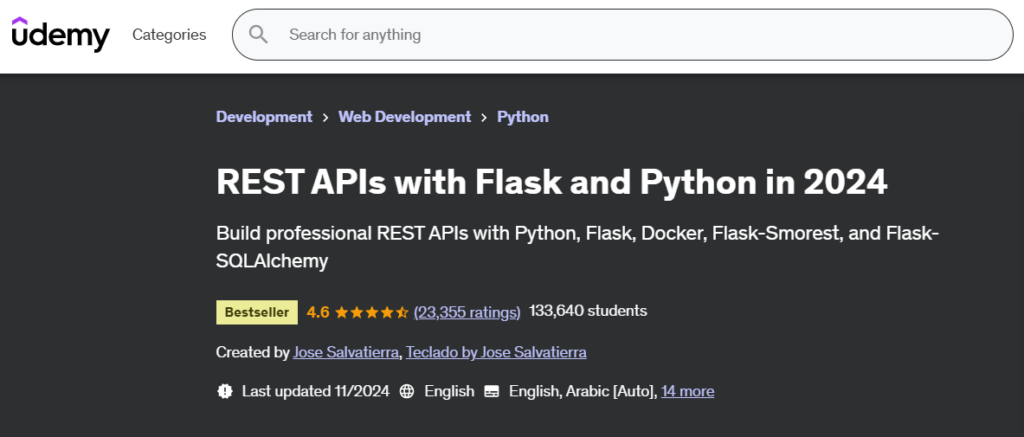 Screenshot of the REST APIs with Flask and Python in 2024 course landing page
