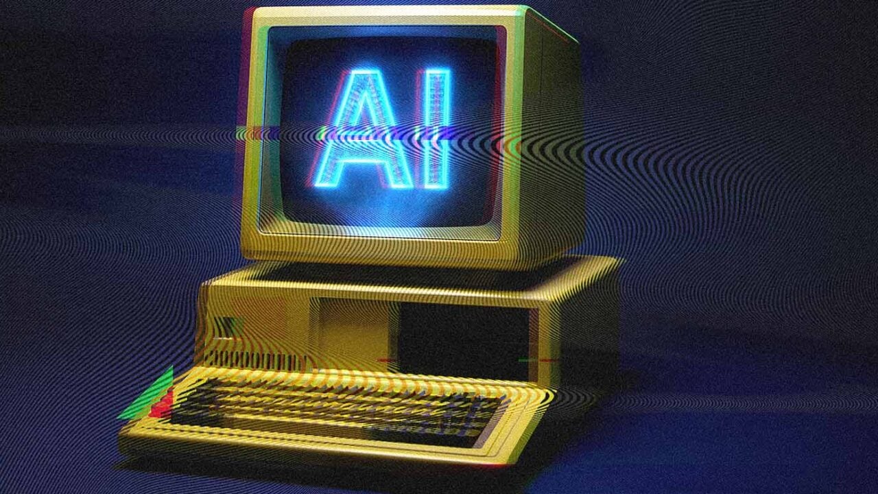 old school desktop computer with AI written on the screen