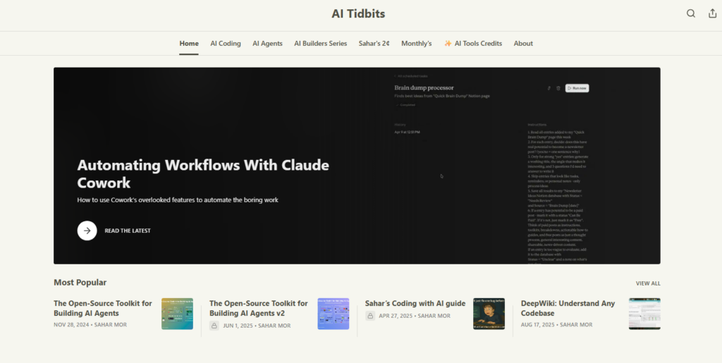 AI Tidbits homepage presenting tutorials on coding, agents, and automation