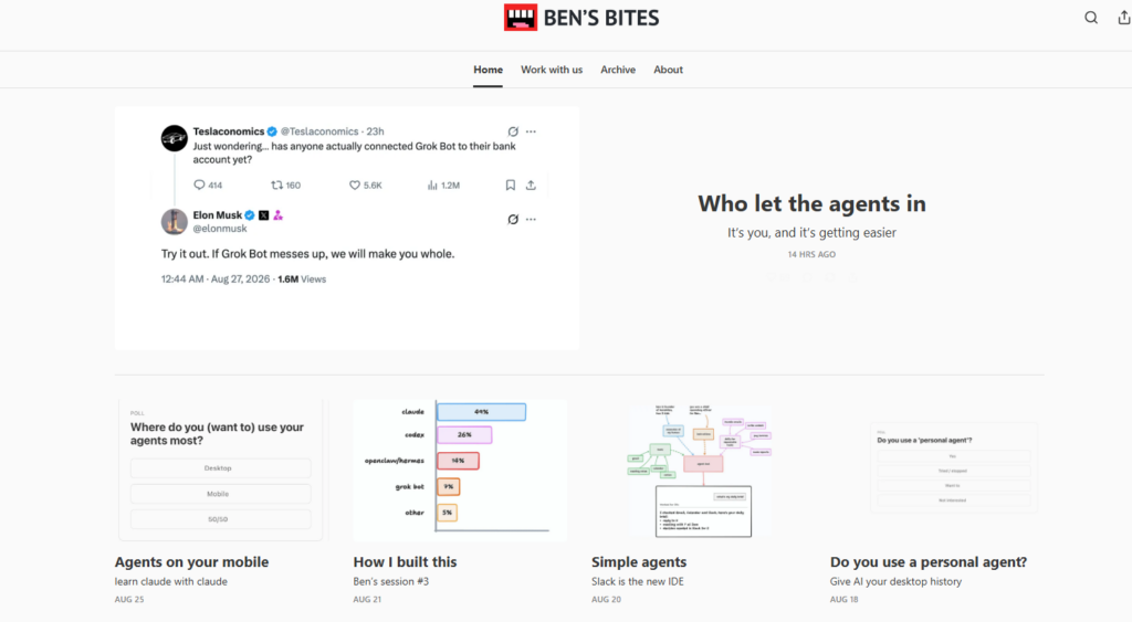 Ben’s Bites homepage displaying posts about AI agents and user habits