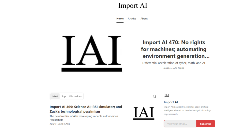 Import AI homepage displaying analysis of recent machine learning developments