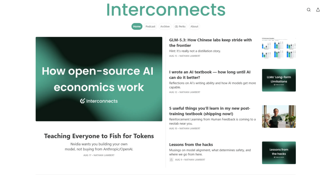 Interconnects homepage showing posts on open-source AI and model development