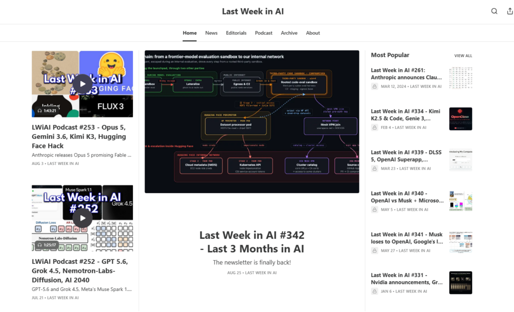 Last Week in AI homepage featuring stories, editorials, and podcast episodes