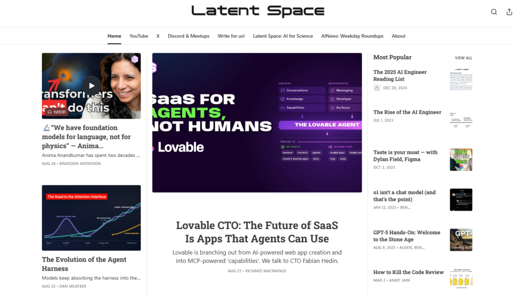 Latent Space homepage featuring articles on agents, models, and AI engineering