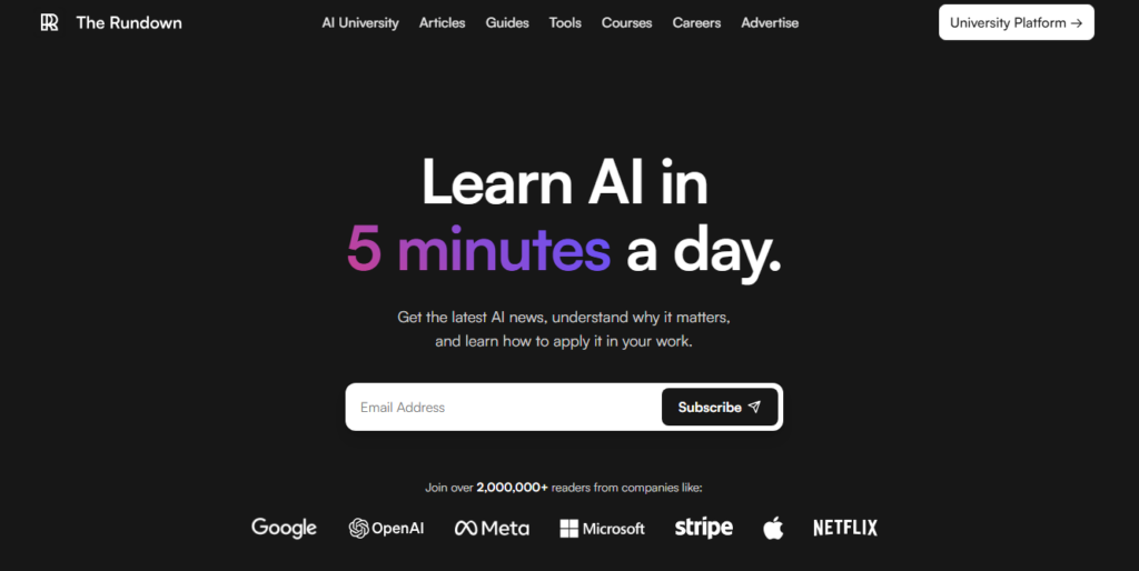 The Rundown AI subscription page promising quick news and workplace applications