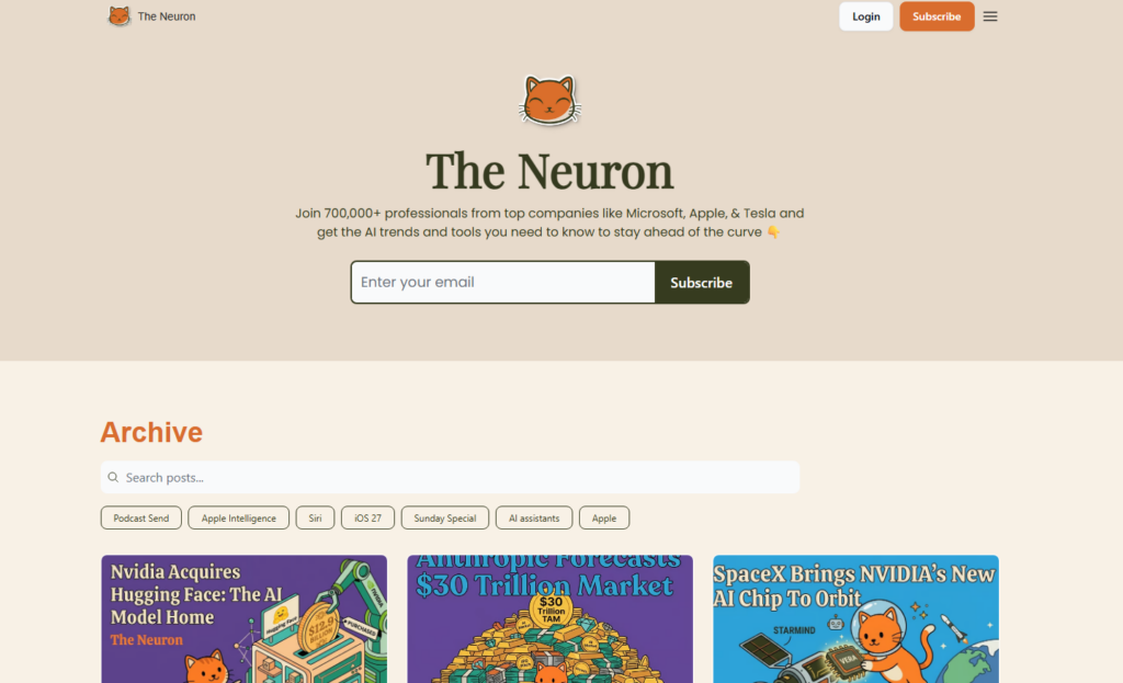 The Neuron homepage showing a signup form and colorful AI articles
