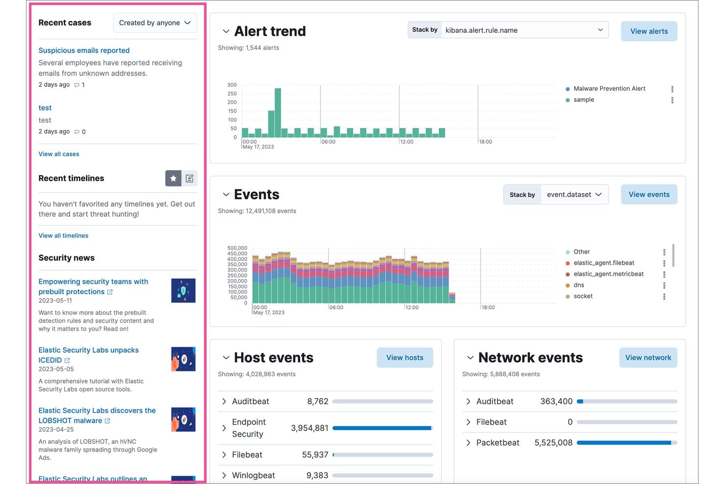 Elastic Security centraliseert waarschuwingen, gebeurtenissen en dossiers in één dashboard. Elastic Security SIEM-dashboard met trends in waarschuwingen, gebeurtenissen en aantallen host- en netwerkgebeurtenissen.